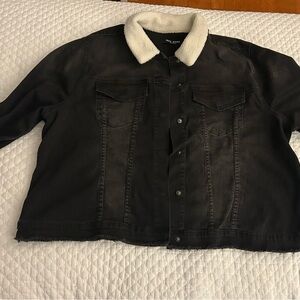 Black Denim Jacket with Cream Sherpa Collar